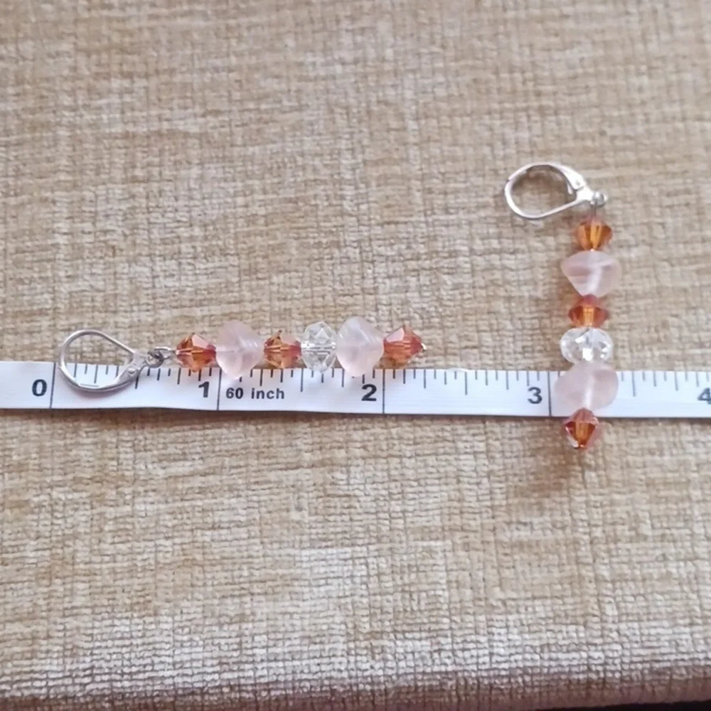 Silver Tone Leverback Pink Brown Glass Beaded Dangle Earrings